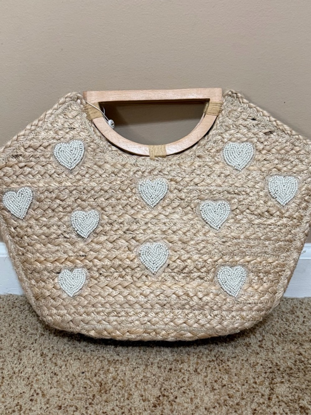 Shiraleah Handwoven Natural Straw Tote with White Beaded Hearts